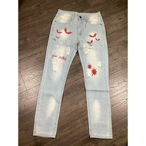 Mens Light Blue Denim Jeans With Red Bat & Skeleton Print Size 28 Streetwear NEW